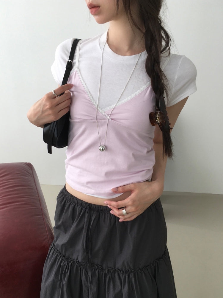 美色蕾絲邊交疊細節上衣