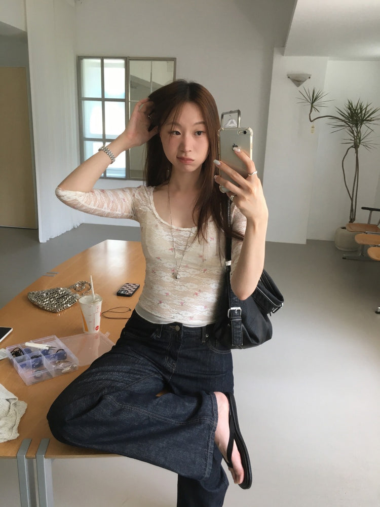 微透膚U領蕾絲七分袖上衣