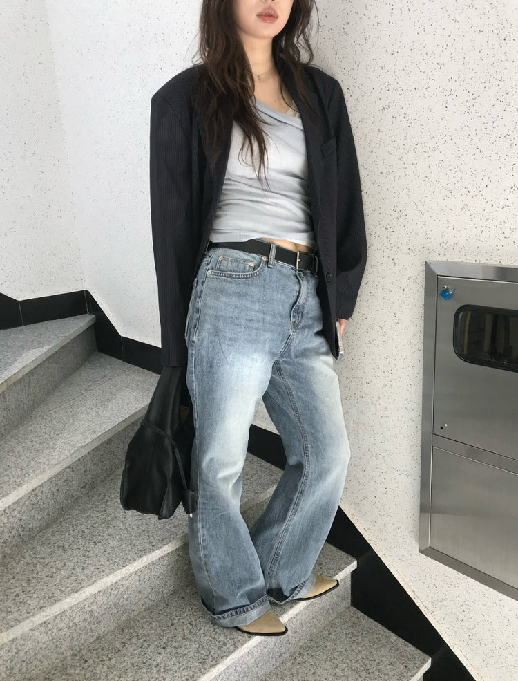 美色反折紋理露肩上衣