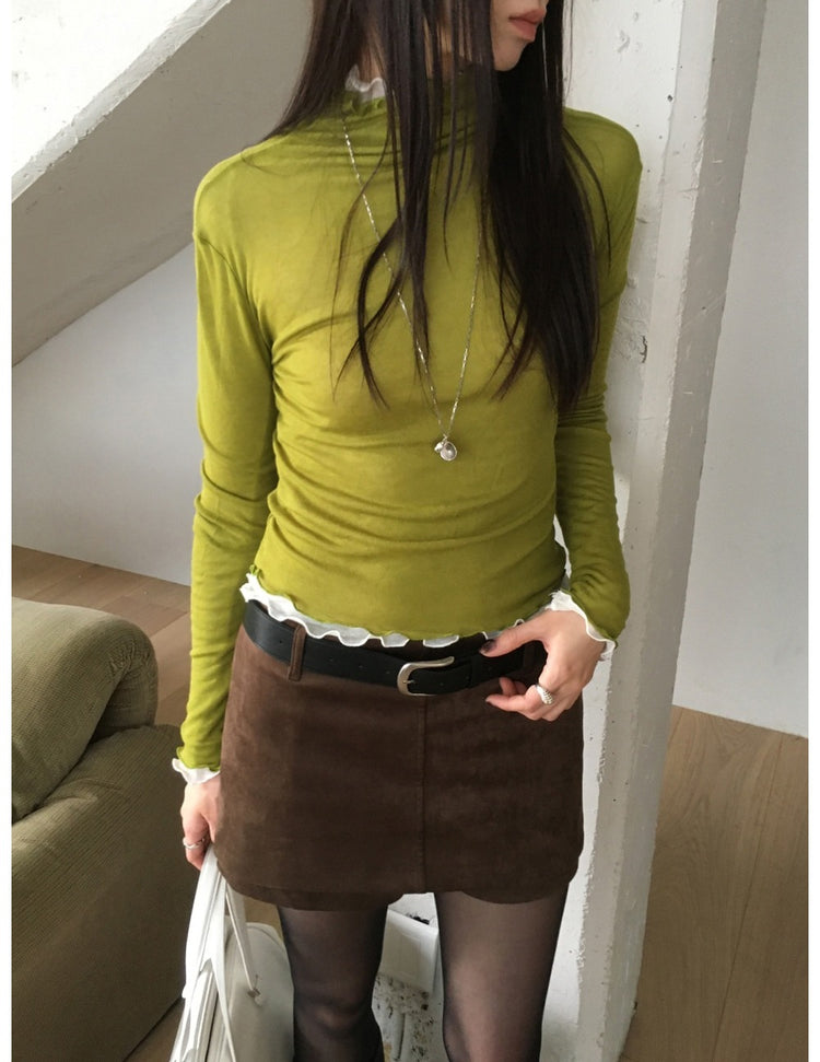 美色微透捲邊細節修身上衣