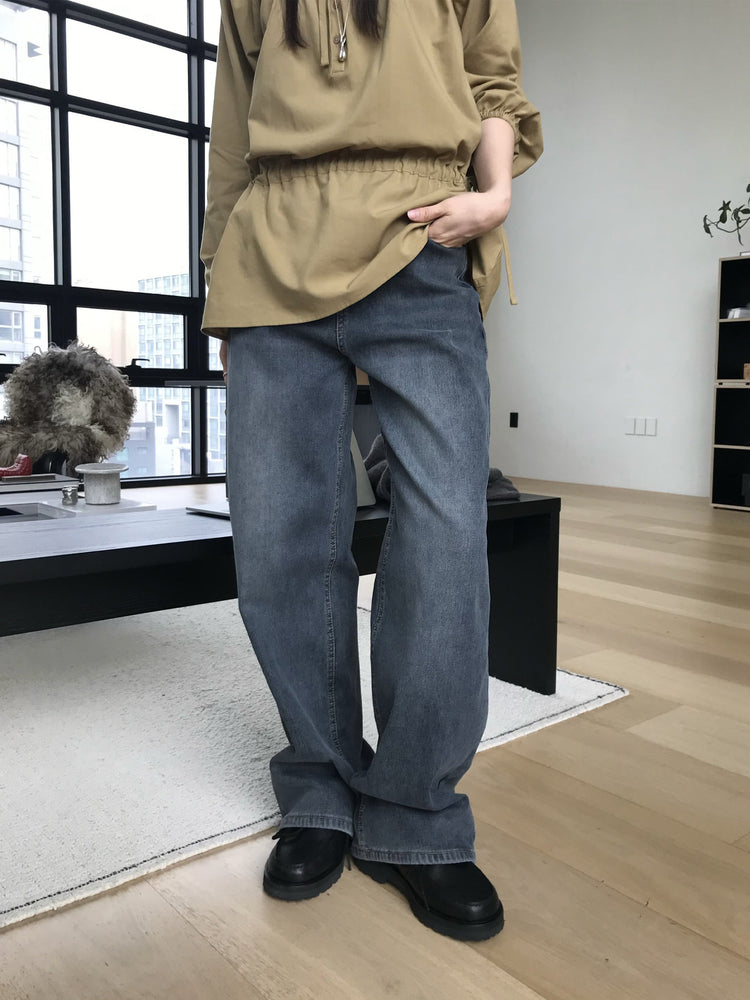 隱形橡筋腰頭直腿內刷毛牛仔褲