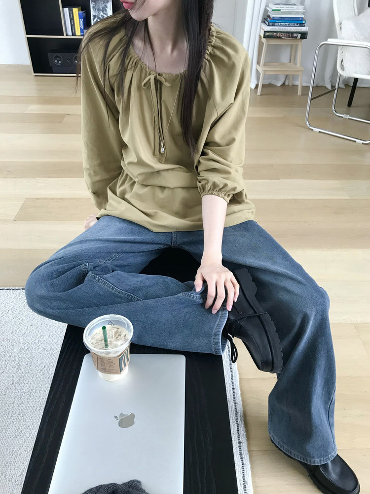 隱形橡筋腰頭直腿內刷毛牛仔褲