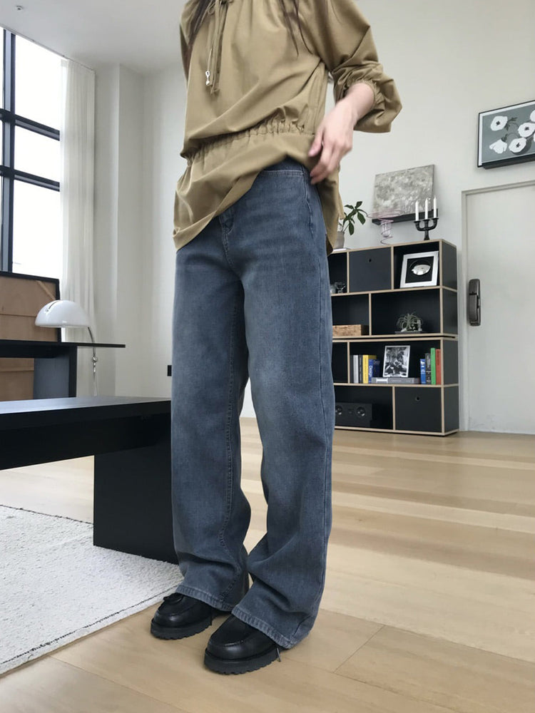 隱形橡筋腰頭直腿內刷毛牛仔褲