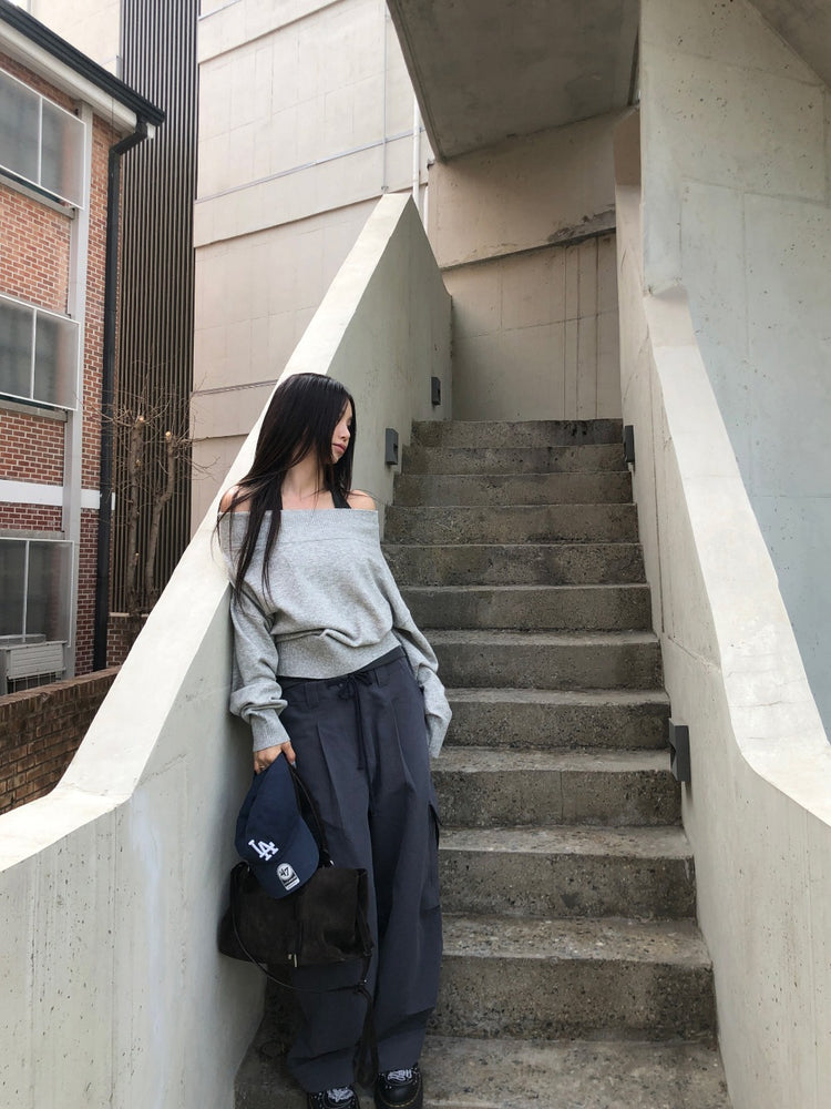美肩寬帶寬鬆修腰針織上衣