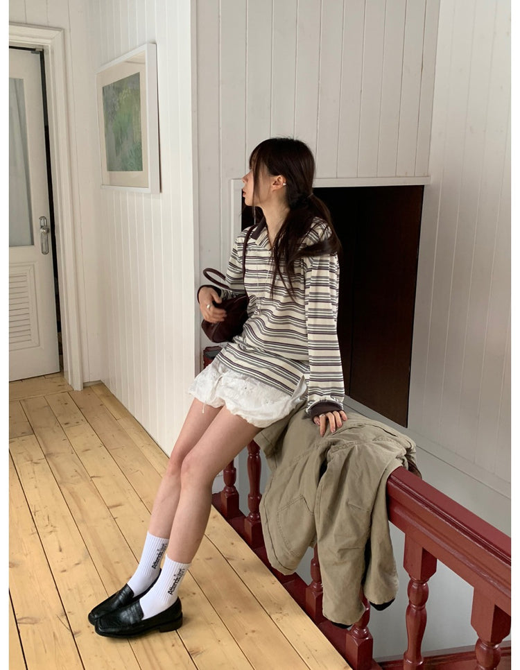 翻領條紋寬鬆上衣