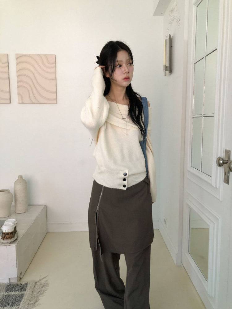 美肩下擺扣鈕細節針織上衣