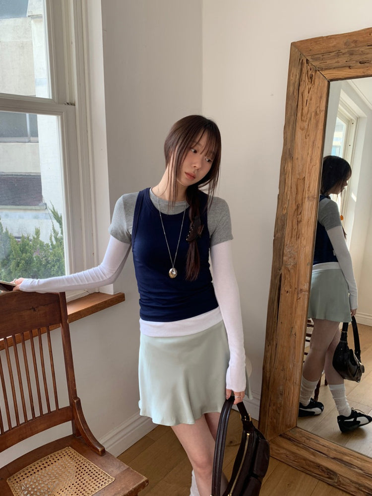 撞色層次感假兩件上衣