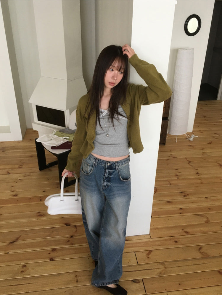 復古美刷色細節隨性牛仔褲