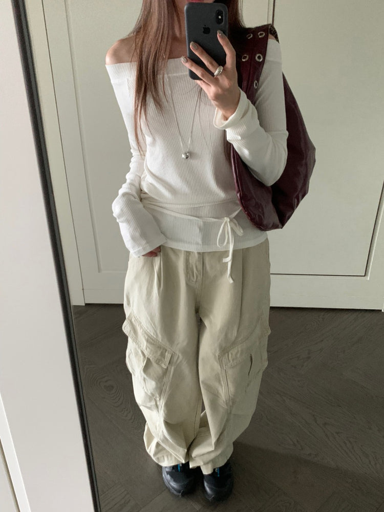 美肩坑紋綁帶修腰上衣