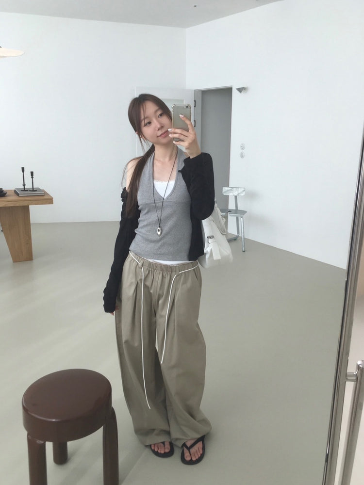 蕾絲褲邊細節垂帶闊褲