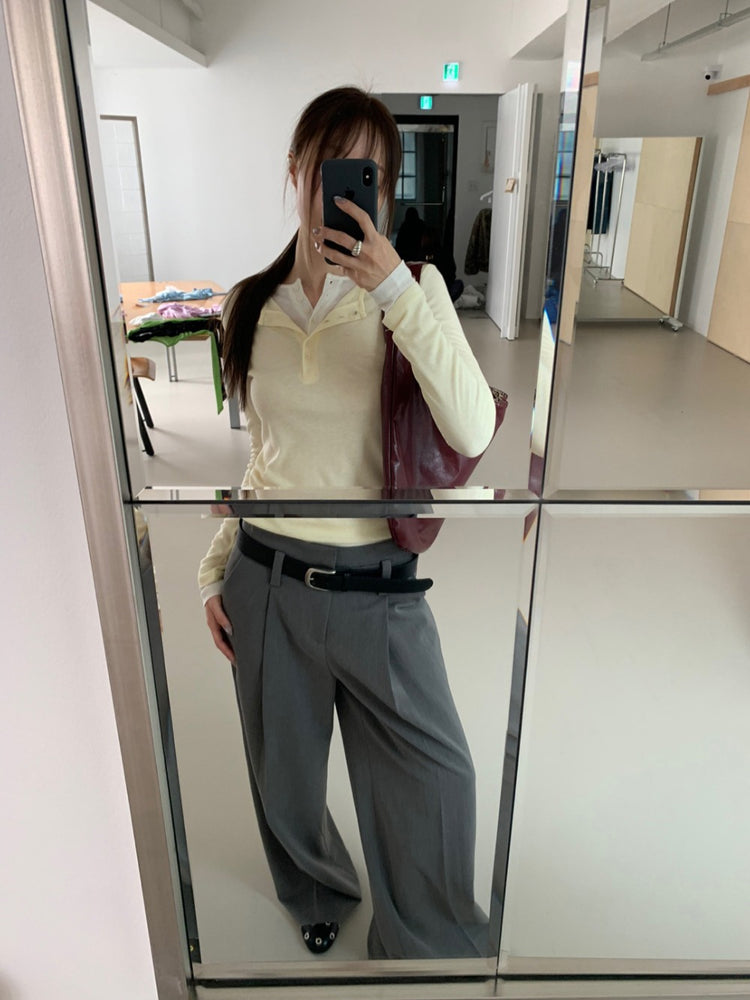 低腰視覺褲耳細節單褶直褲