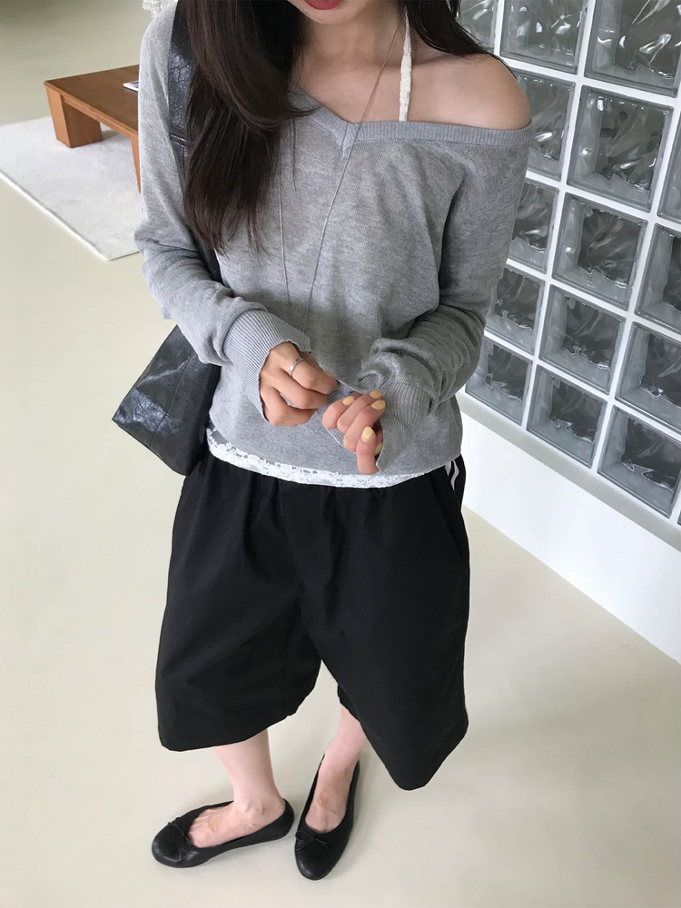 美色透膚V領針織上衣