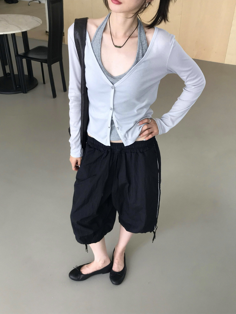 撞色側壓線休閒七分褲
