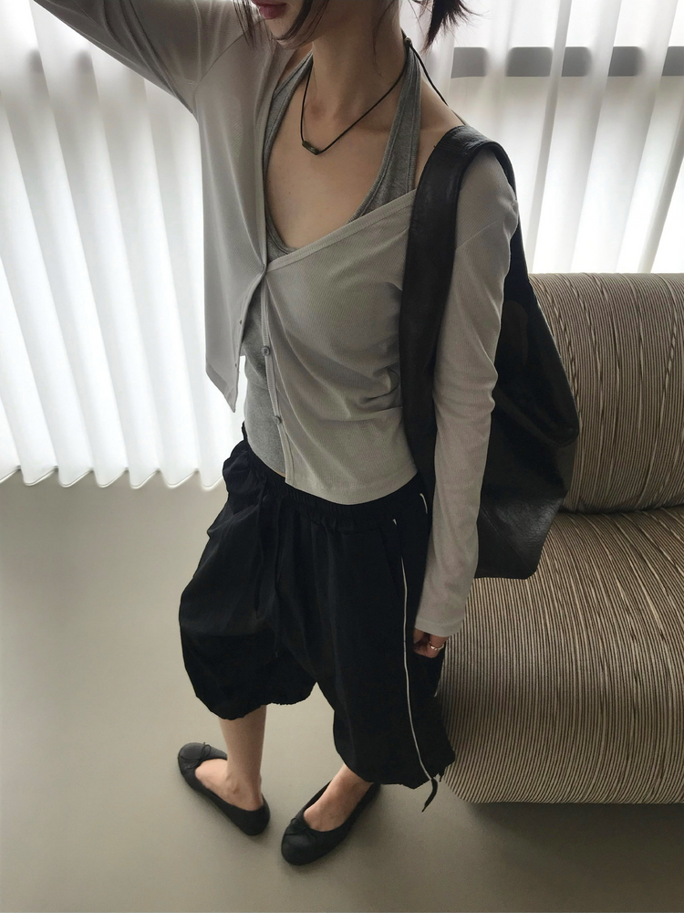 撞色側壓線休閒七分褲