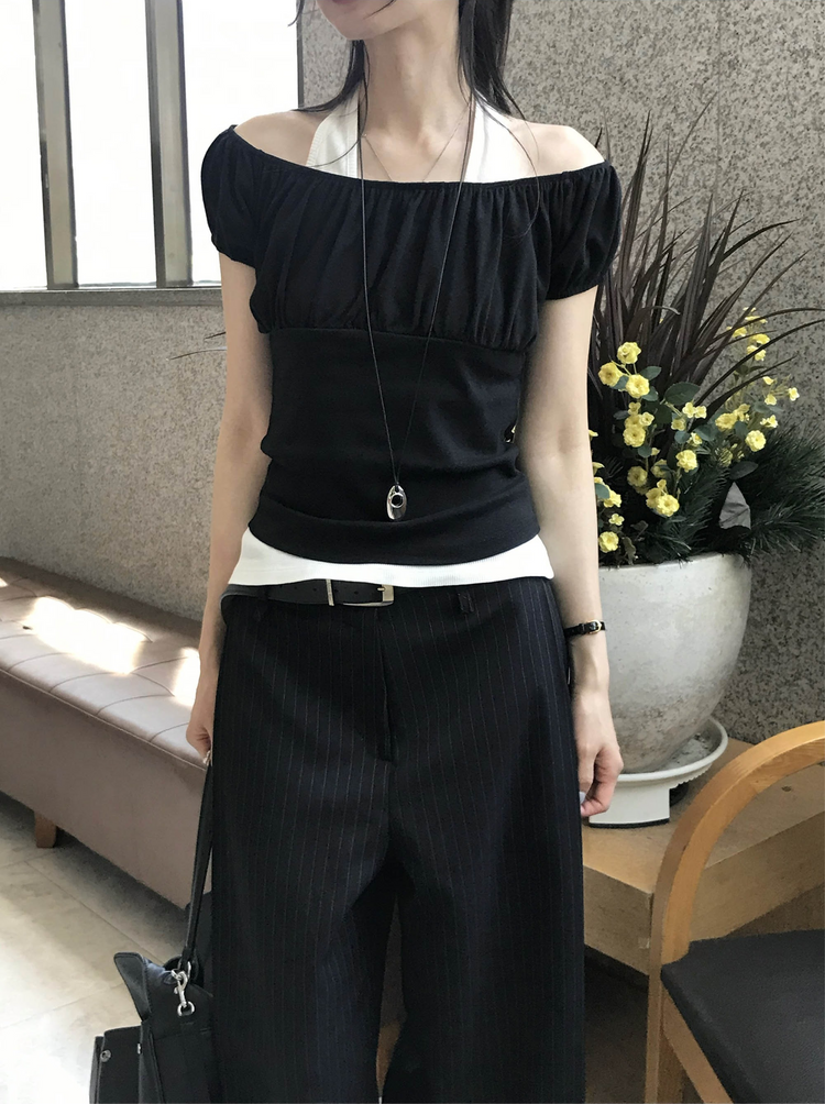 美肩抓皺修腰細節上衣