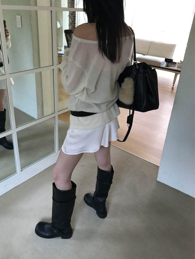 美肩透膚格紋混色針織上衣