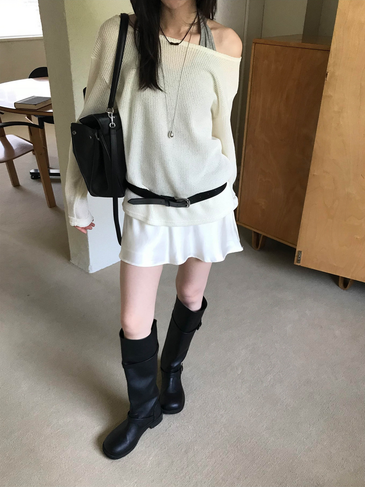 美肩透膚格紋混色針織上衣