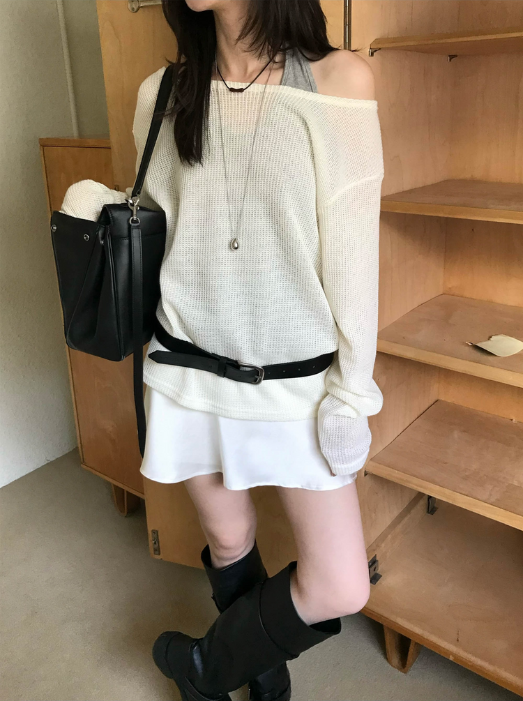 美肩透膚格紋混色針織上衣