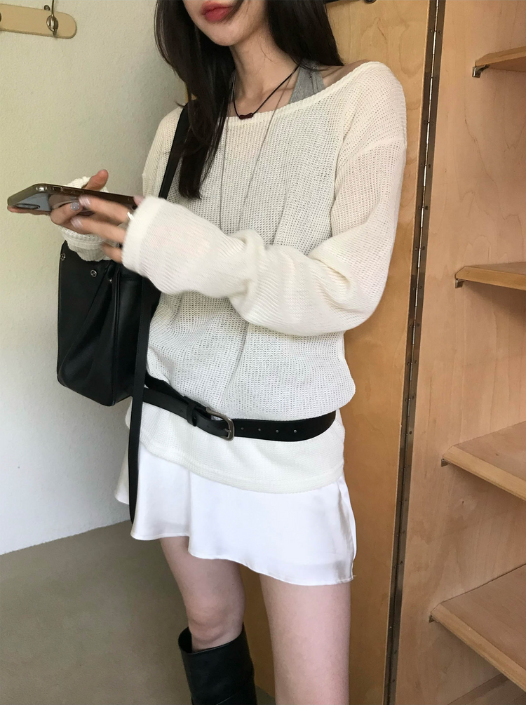 美肩透膚格紋混色針織上衣