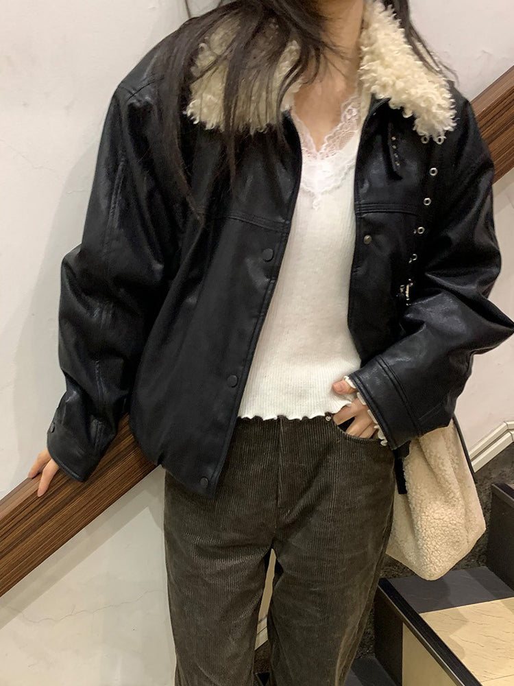卷毛毛領內束細節皮外套