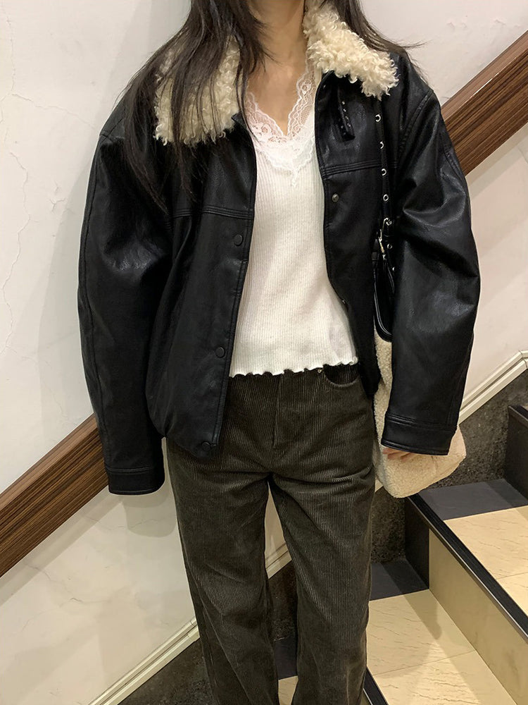 卷毛毛領內束細節皮外套