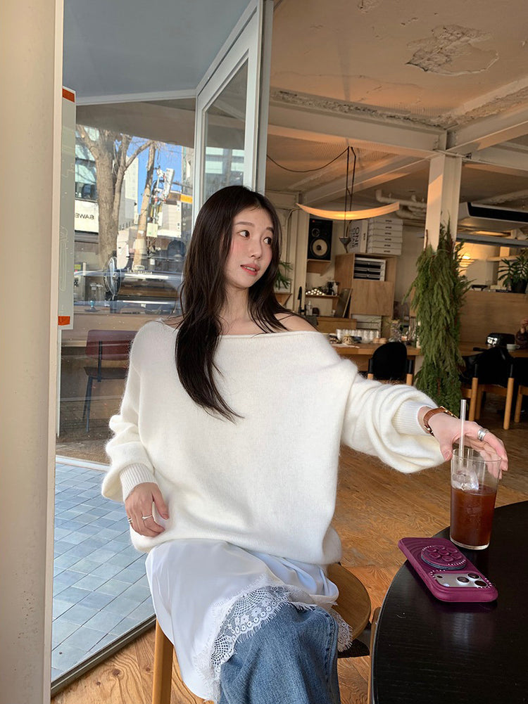 美色斜肩寬鬆束口毛衣