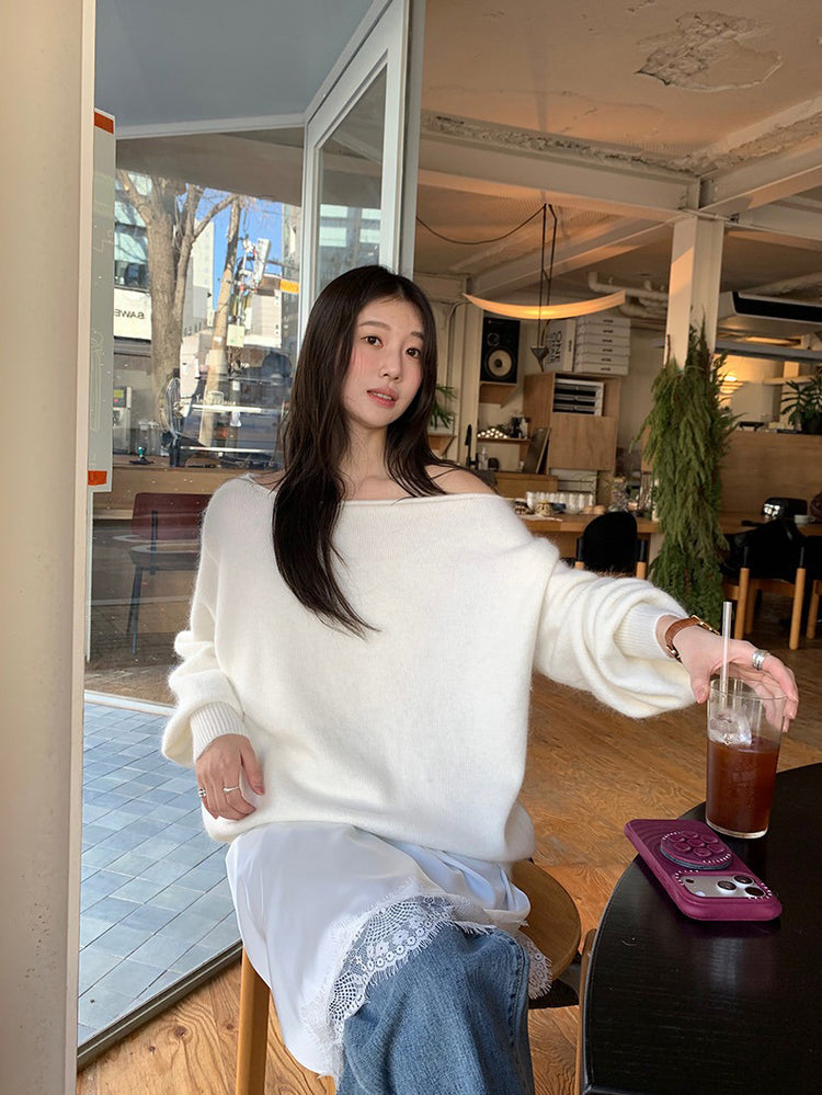 美色斜肩寬鬆束口毛衣