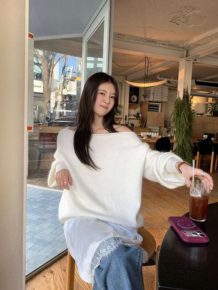 美色斜肩寬鬆束口毛衣