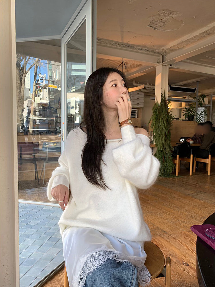 美色斜肩寬鬆束口毛衣