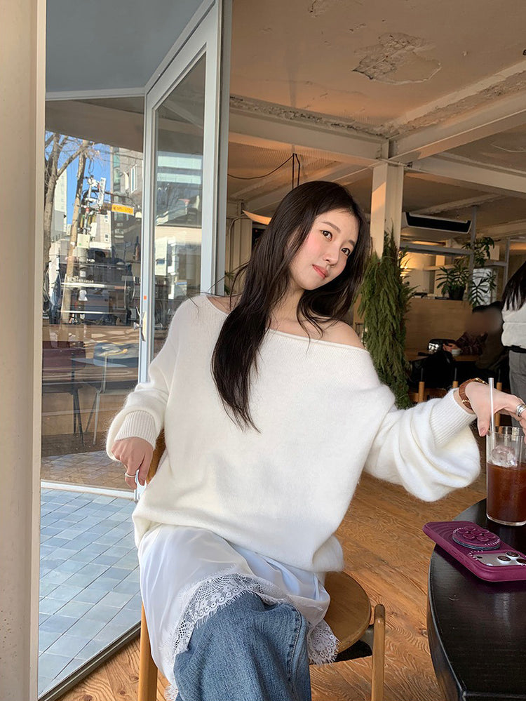 美色斜肩寬鬆束口毛衣