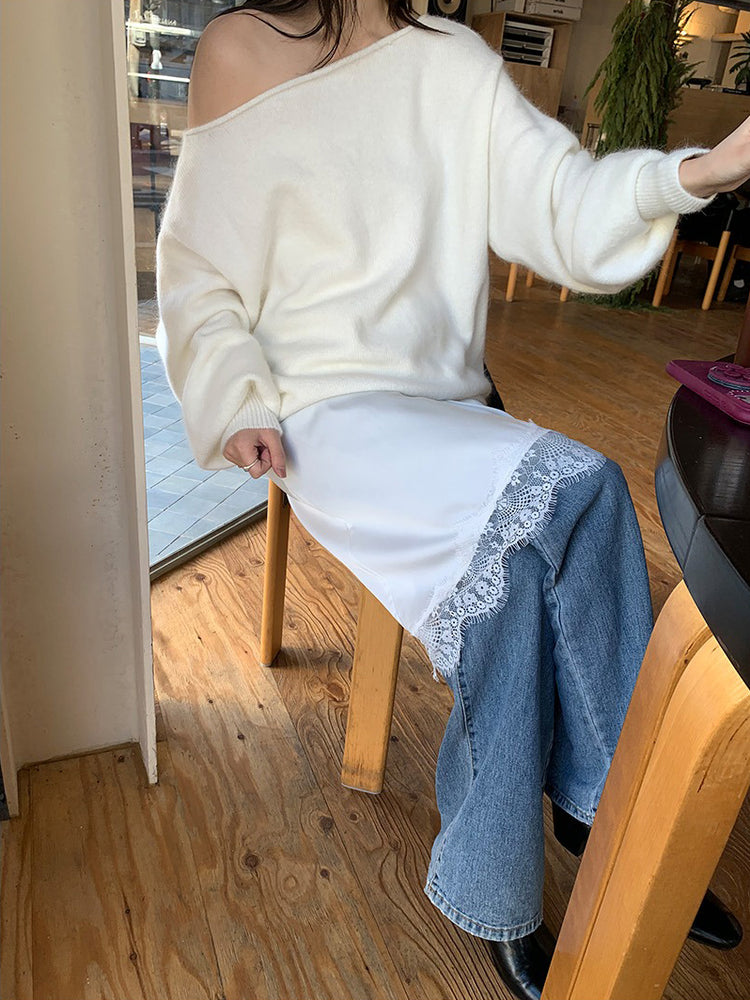 美色斜肩寬鬆束口毛衣