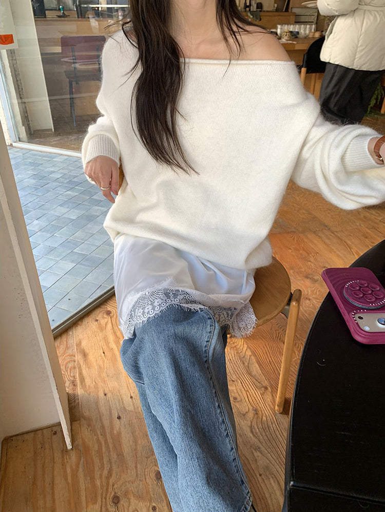 美色斜肩寬鬆束口毛衣