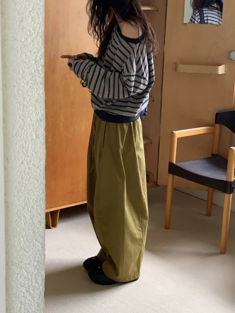 休閒雙壓褶寬鬆闊褲