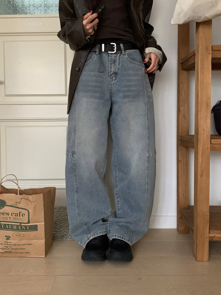 弧形側壓線廓形牛仔褲