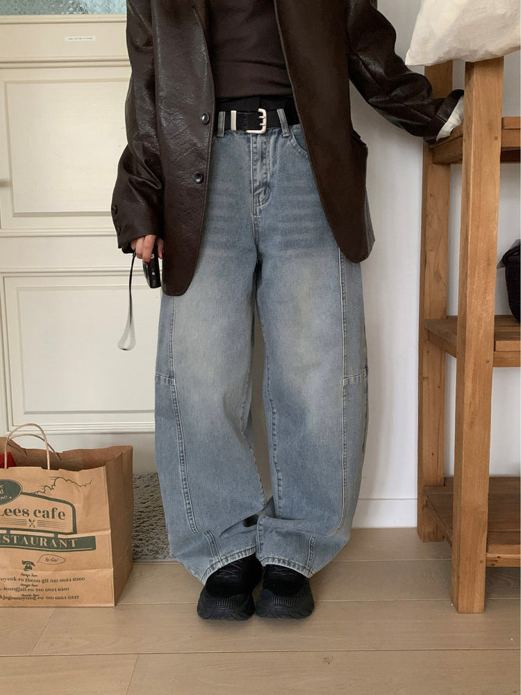 弧形側壓線廓形牛仔褲