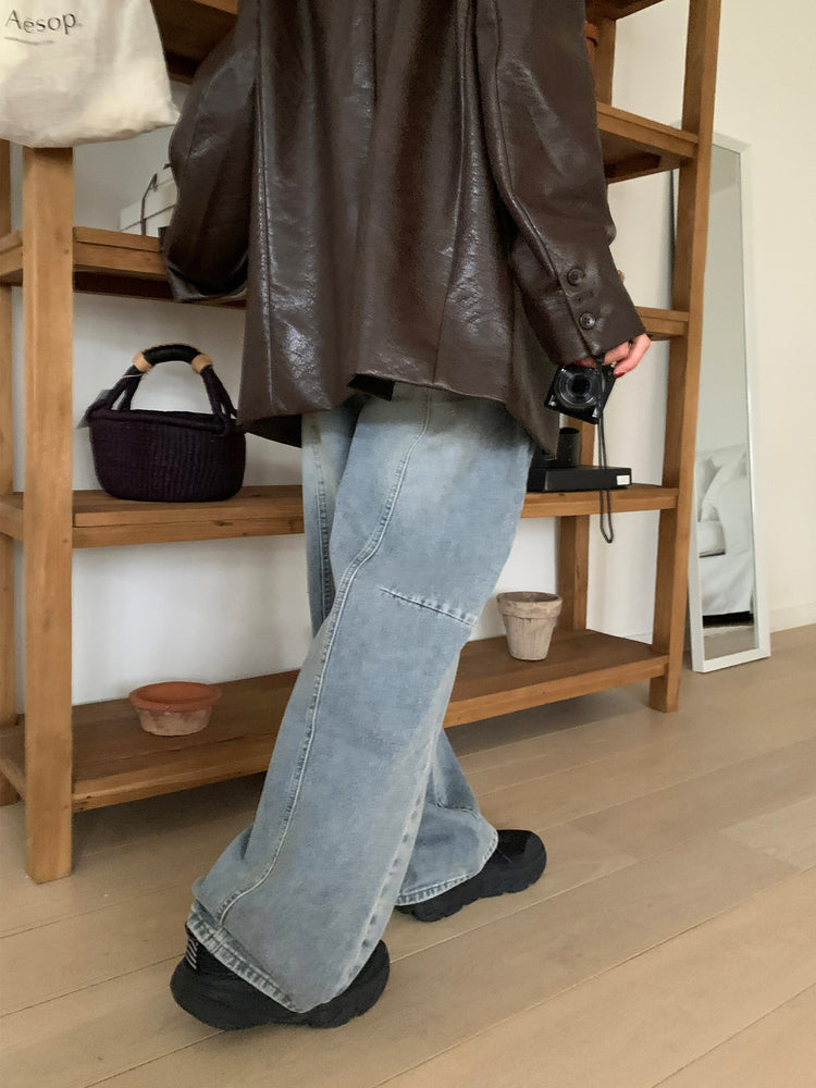 弧形側壓線廓形牛仔褲