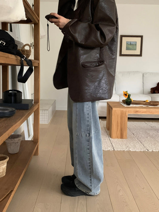 弧形側壓線廓形牛仔褲