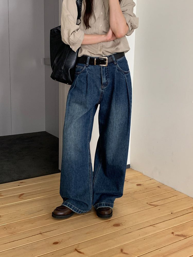 復古美色雙壓褶垂感闊褲(附皮帶)