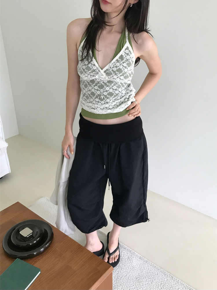 掛脖深V修腰上衣