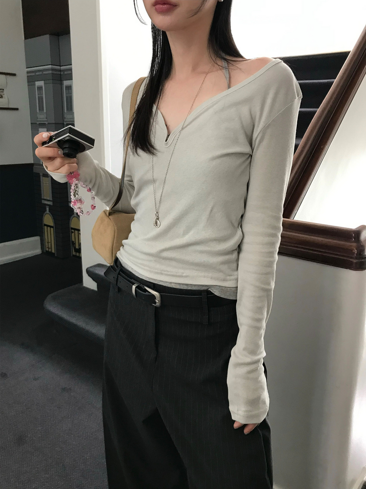 弧線V領細節修身上衣