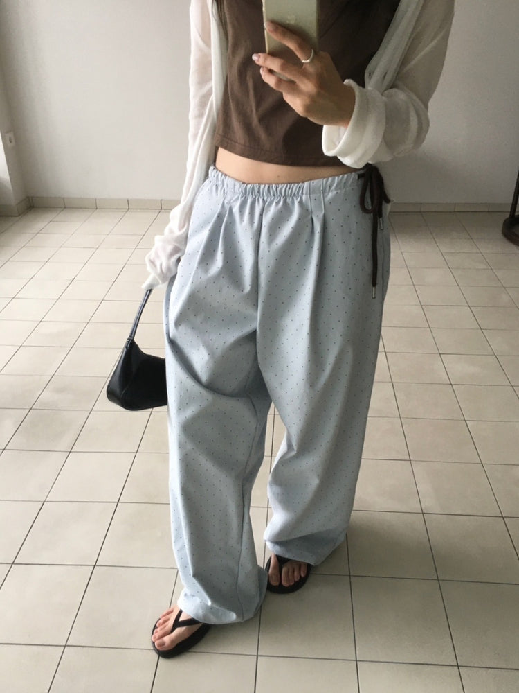 小圓點側綁帶細節直褲