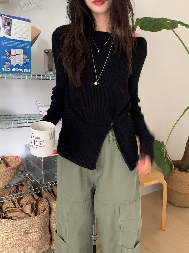 坑紋側開叉扣鈕細節針織上衣