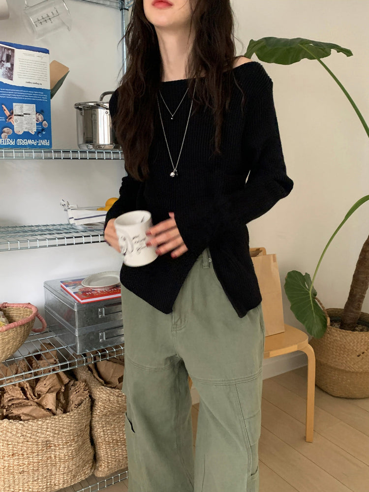 坑紋側開叉扣鈕細節針織上衣