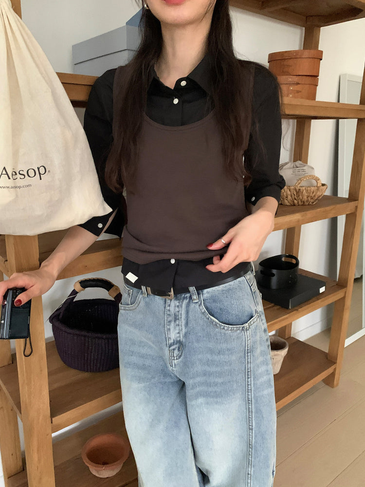 七分袖修腰層次襯衫