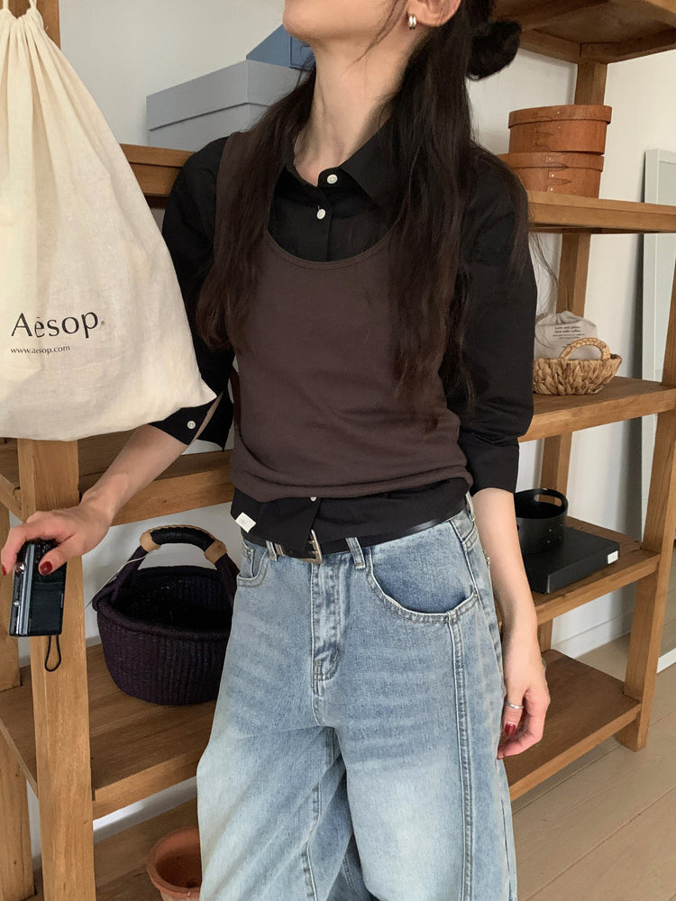 七分袖修腰層次襯衫