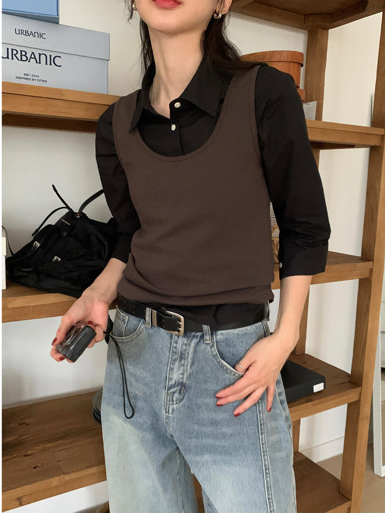 七分袖修腰層次襯衫