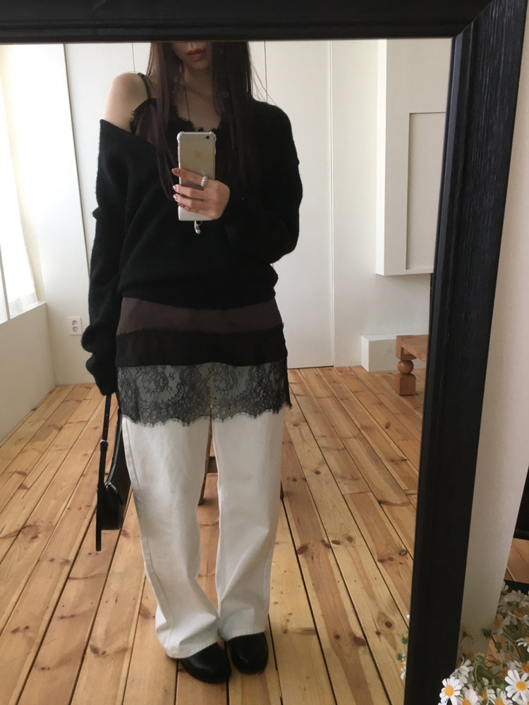 (現)美色蕾絲邊光澤感連身裙