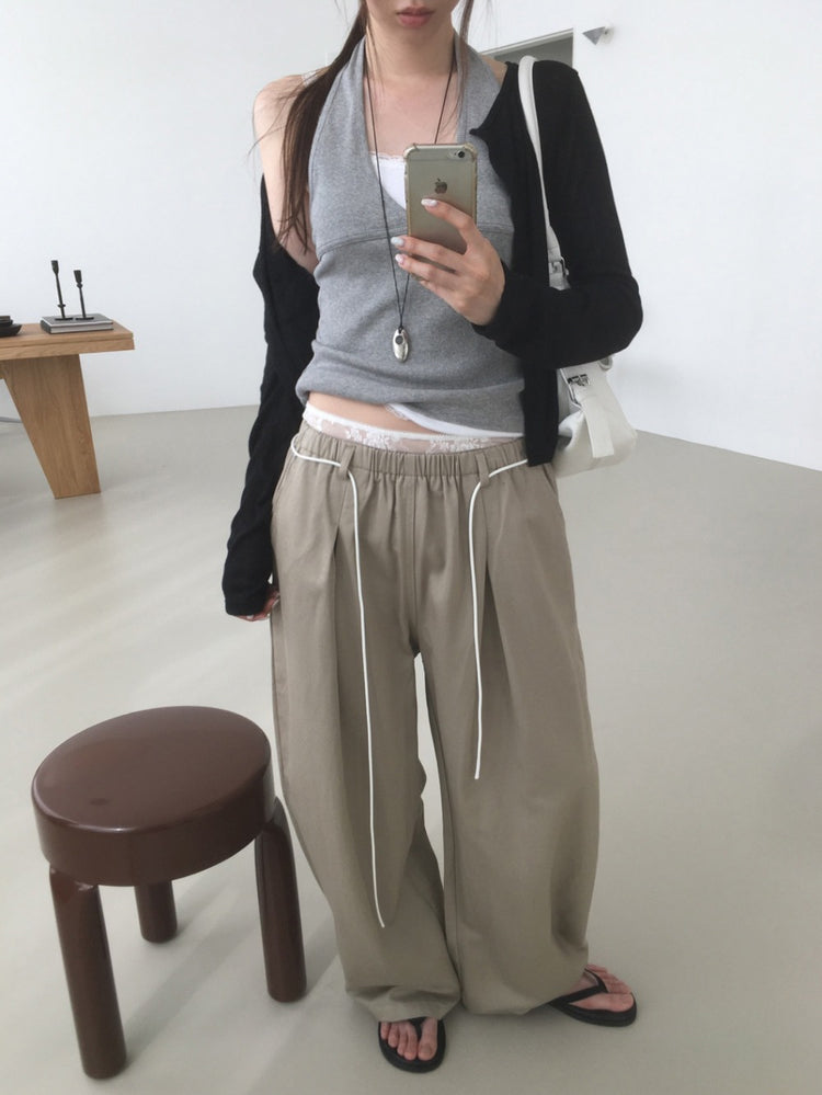 蕾絲褲邊細節垂帶闊褲