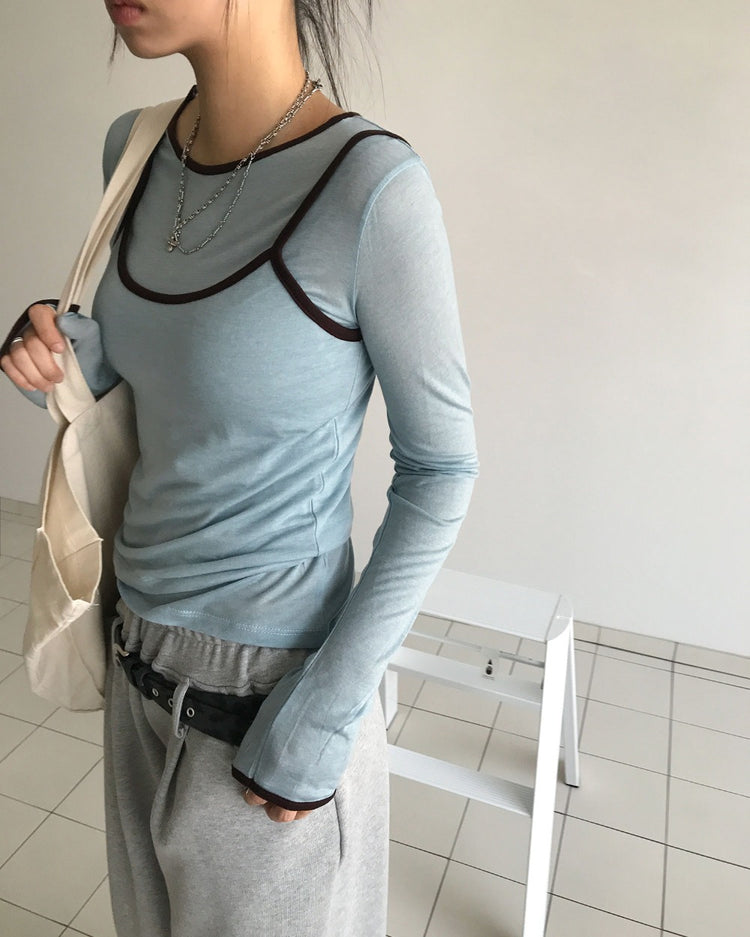 透膚撞色邊細節上衣