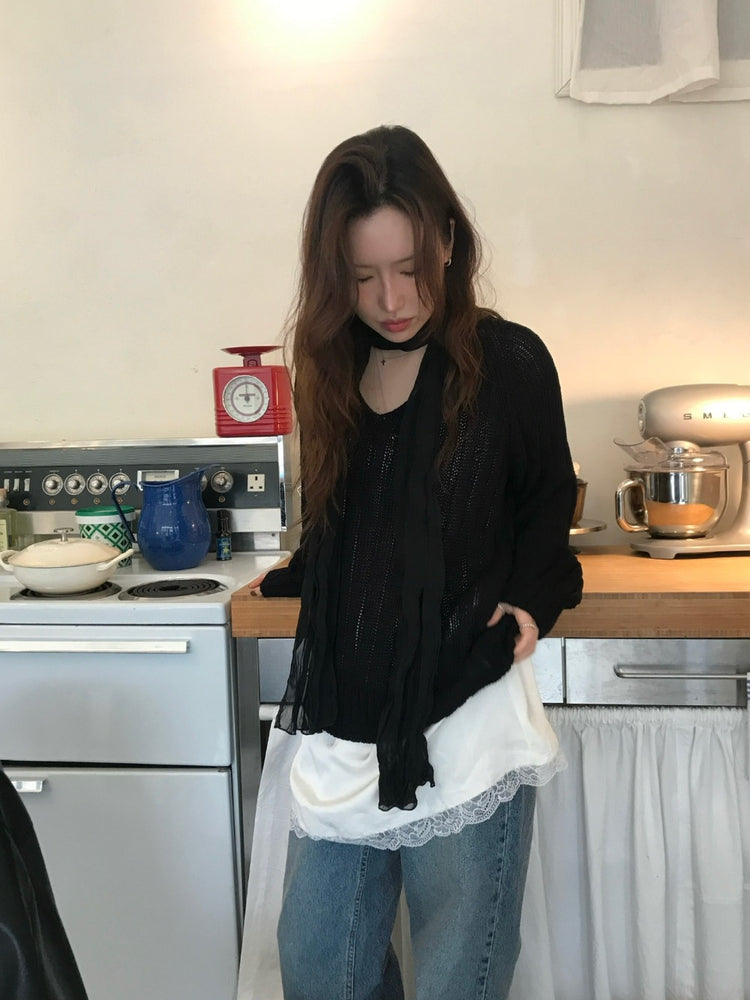 透膚V領坑紋顯瘦針織上衣